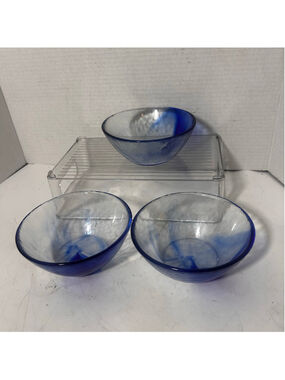 Handblown Bormioli Rocco Murano Glass Fruit Dessert Bowls Set 3 Blue